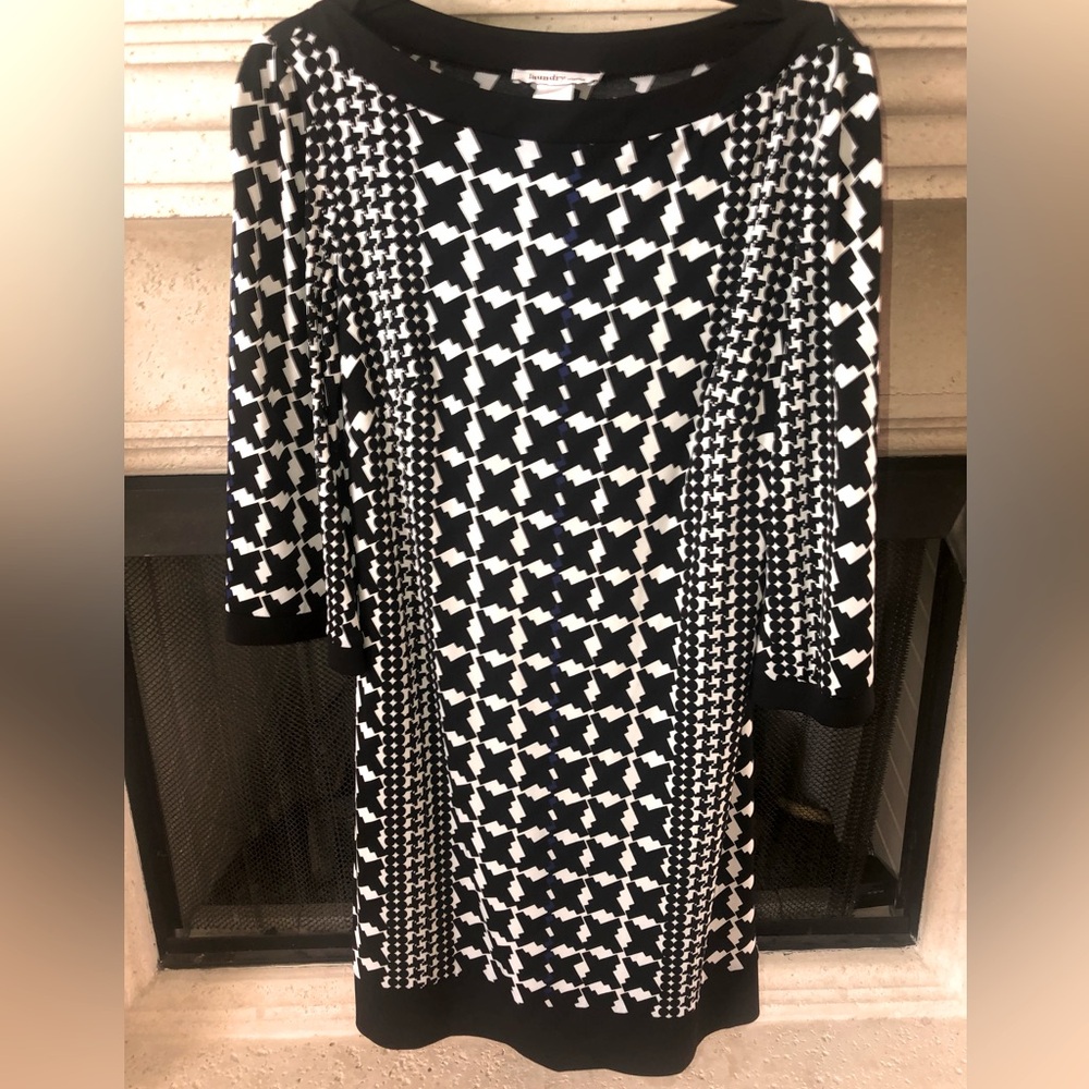 Laundry by Design Black &White Geometric Print Houndstooth 3/4 Sleeve Shift Drss